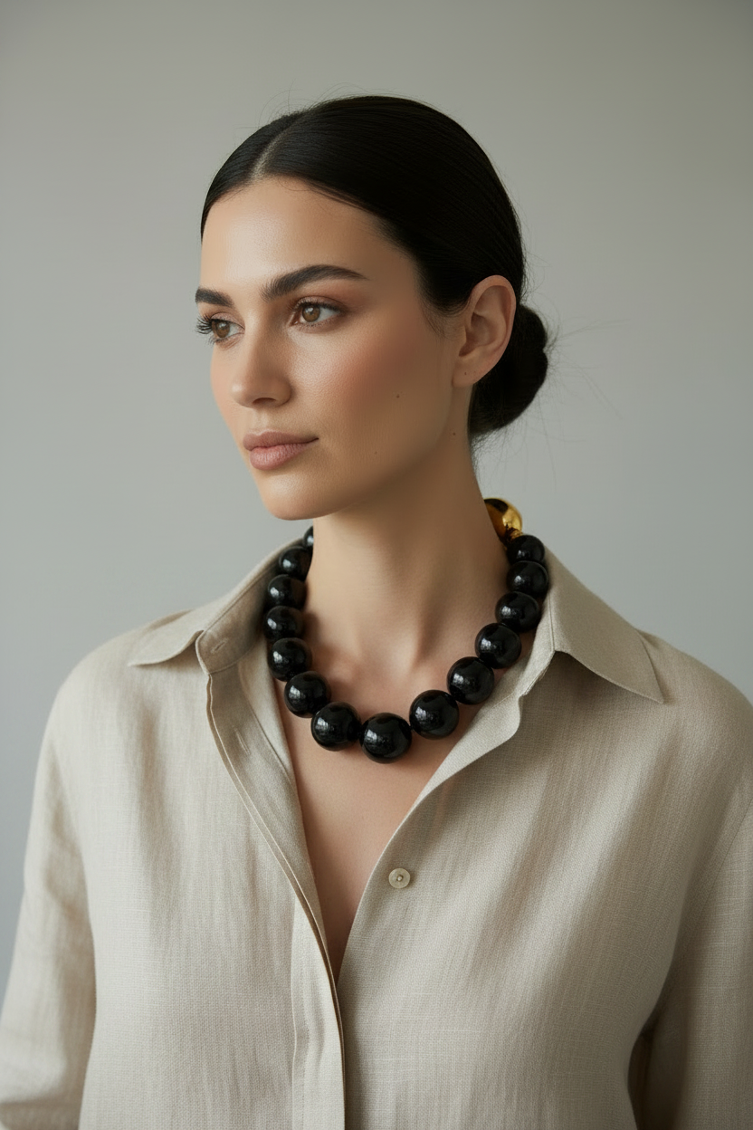 Collana nera con camicia beige