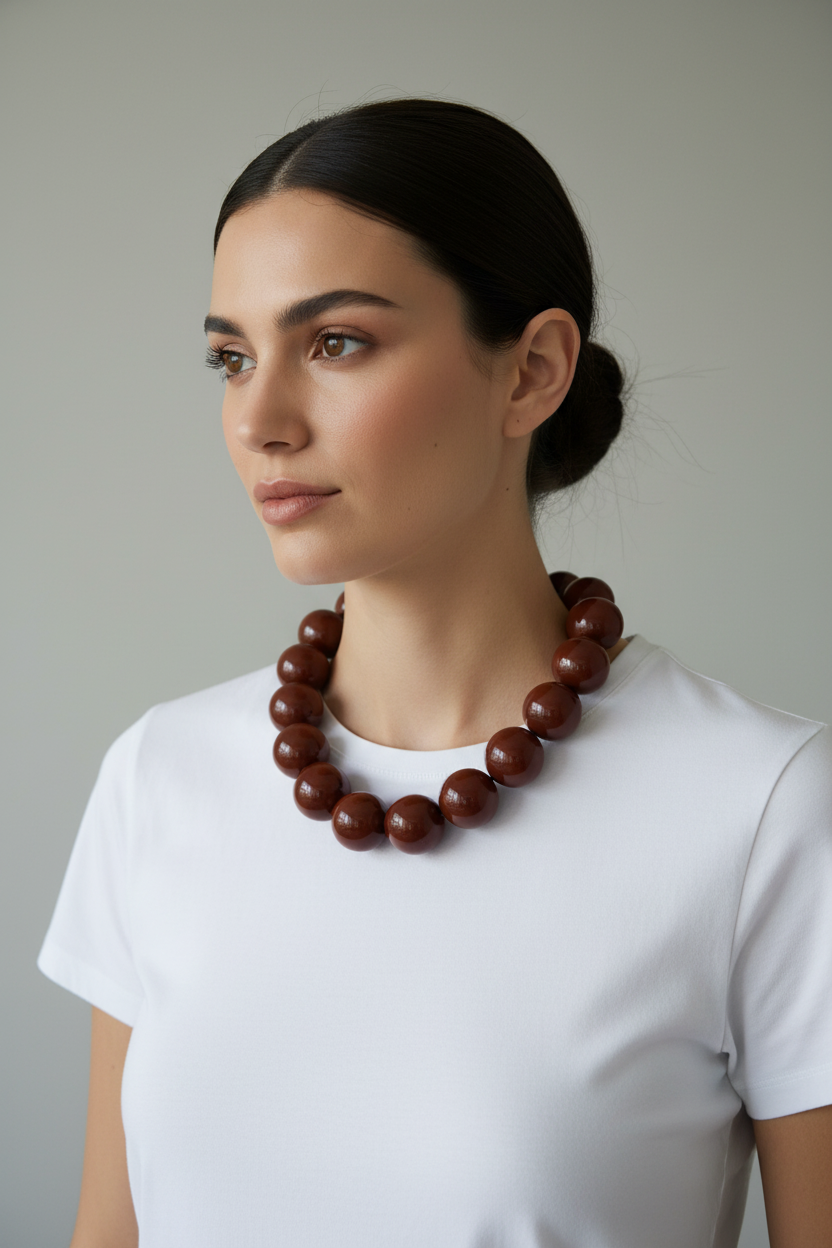 Collana sfere marroni su modella
