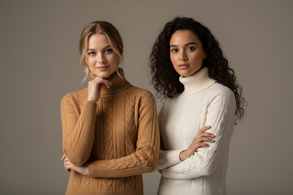 Due ragazze con dolcevita beige cammello