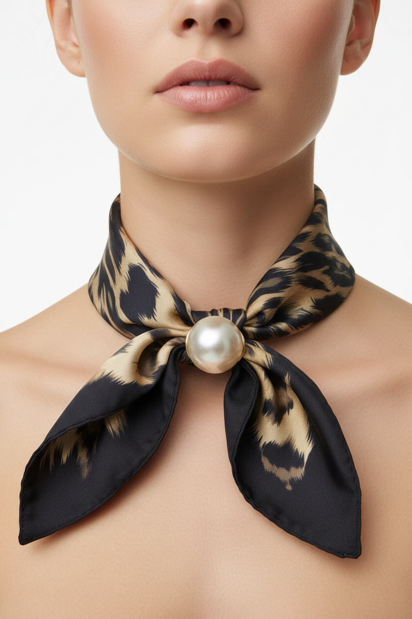 Modella con sciarpa animalier nero oro