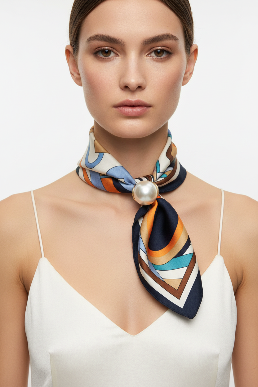 Modella con sciarpa geometrica multicolor