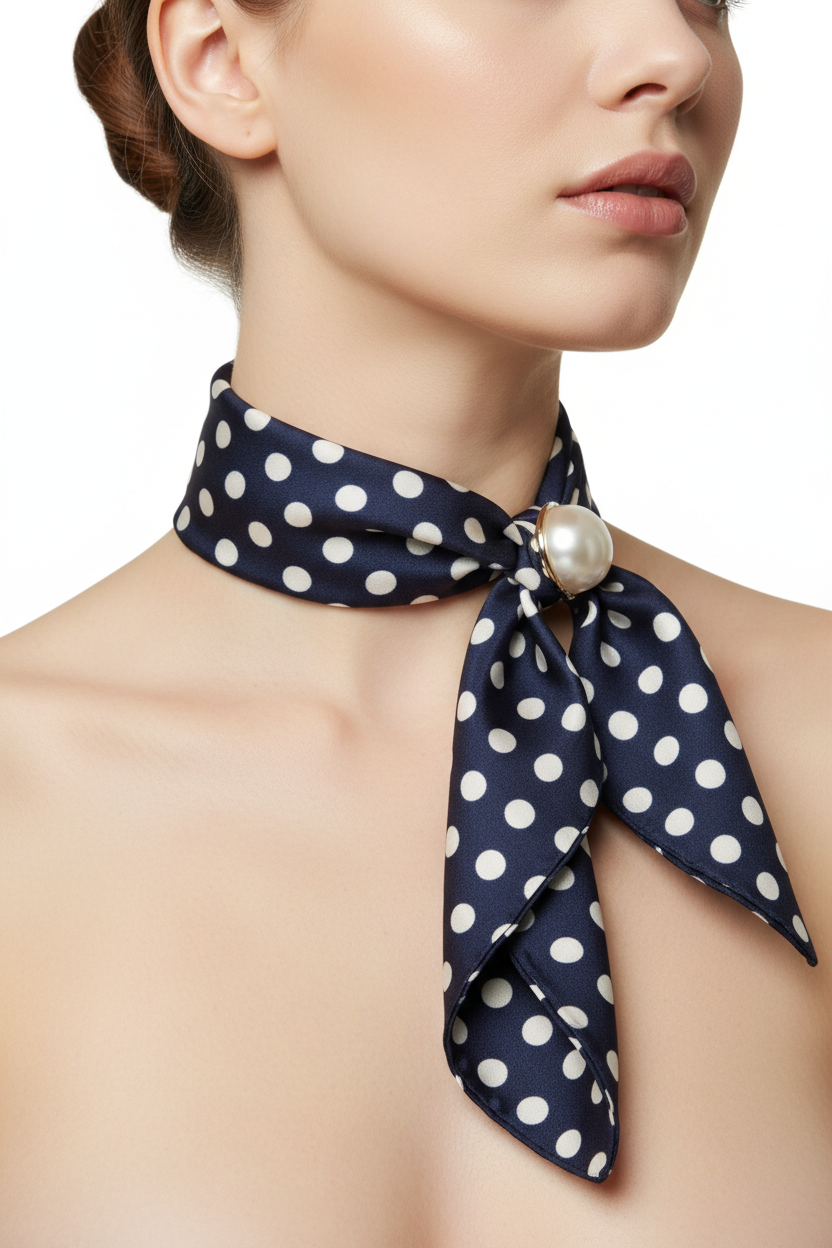 Modella con sciarpa pois blu al collo