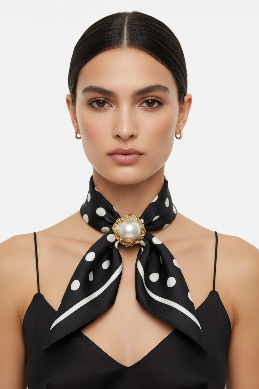Modella con sciarpa pois nera al collo