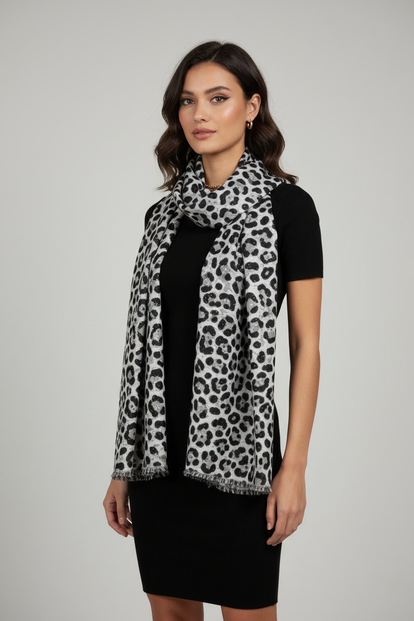 Modella tubino nero con sciarpa leopardata
