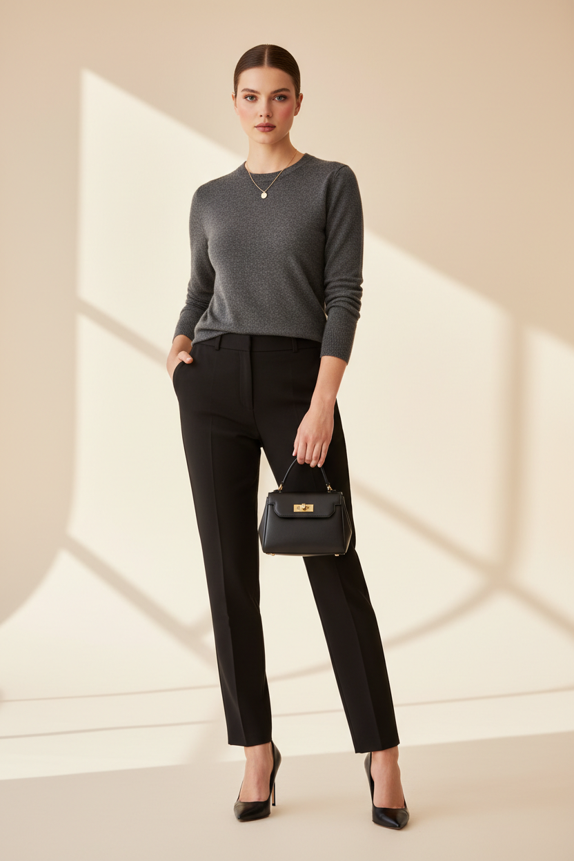 Pantalone sigaretta nero con maglione lana collo ad anello